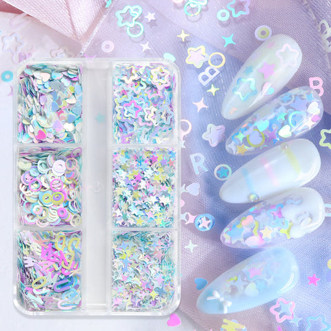6 Grid/box Mix Colorful Nail Art Sticker Korea Style Heart Star Moon English Alphabet Decals Fashion Glitter Art Decorations