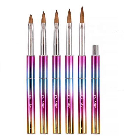 Rainbow Gradient Kolinsky Acrylic Nail Brush Metal Handle Crystal Engraving Pen Soft UV Gel Nail Brushes