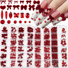 6/12 Grids Red Series Bow Pearl Flower Nail Art Rhinestones 3D Resin DIY Designs Nail Art Charms Ornaments Decoration