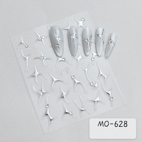 Silver Metal Liner 5D Nail Art Sticker Self Adhesive Korea Style Reliefs Decals Fashion Manicure Art Decorations with Rhinestone