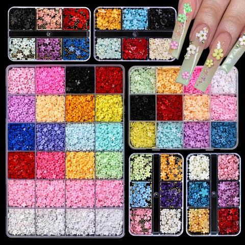 6/12/24 Grids Mixed Size 3D Colorful Five-Petal Flowers Nail Art Charms Gold Beads Resin DIY Nail Decorations