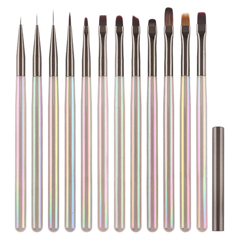 New 12 Styles Rainbow Handle Nail Art Brushes Acrylic Multi Shapes Nail Liner Brush Nylon Hair Nail Brush