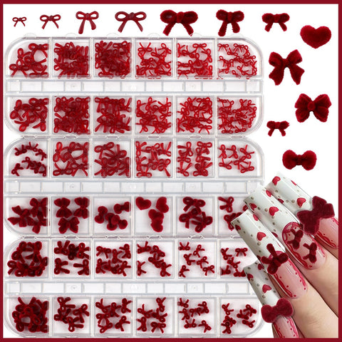 6/12 Grids Red Series Bow Pearl Flower Nail Art Rhinestones 3D Resin DIY Designs Nail Art Charms Ornaments Decoration