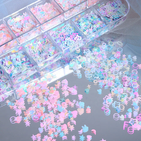12 Grid/Box Heart Star Moon Butterfly Rabbit Nail Art Sticker Korea Style Pink Blue Decals Fashion Nail Art Decorations