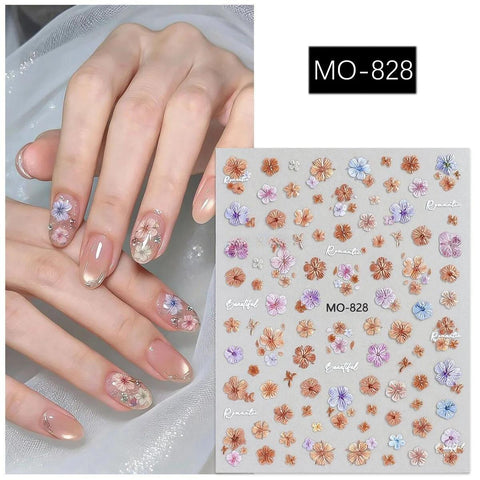 Spring Summer New Dried Flower Nail Stickers Colorful 3D Embossed Self-adhesive Floral Nail Decals for DIY Manicure