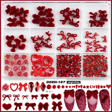 6/12 Grids Red Series Bow Pearl Flower Nail Art Rhinestones 3D Resin DIY Designs Nail Art Charms Ornaments Decoration